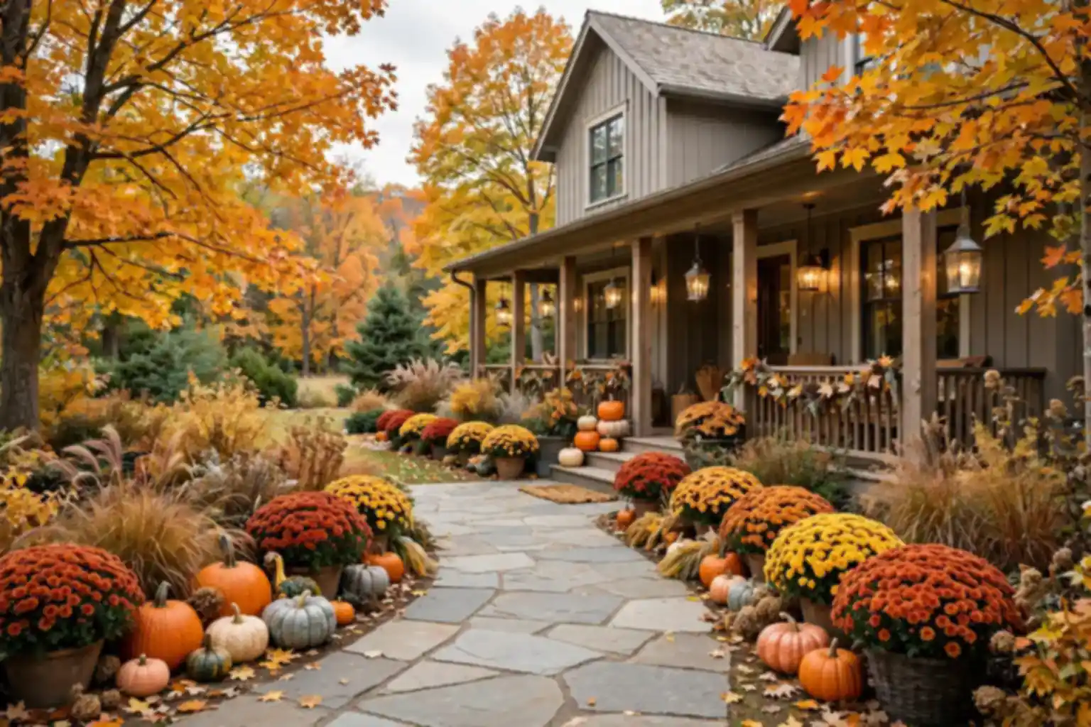 Home exterior decorated for fall with walkway planters, pumpkins, and lantern light.