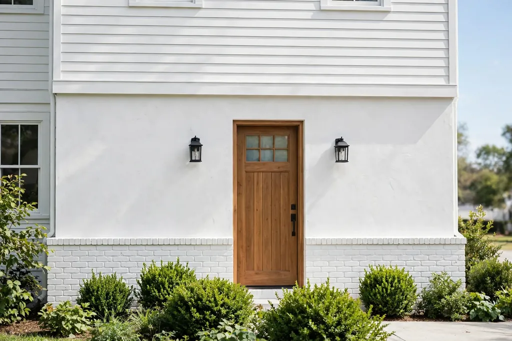 All white house mixing horizontal siding, painted brick, and smooth render textures.