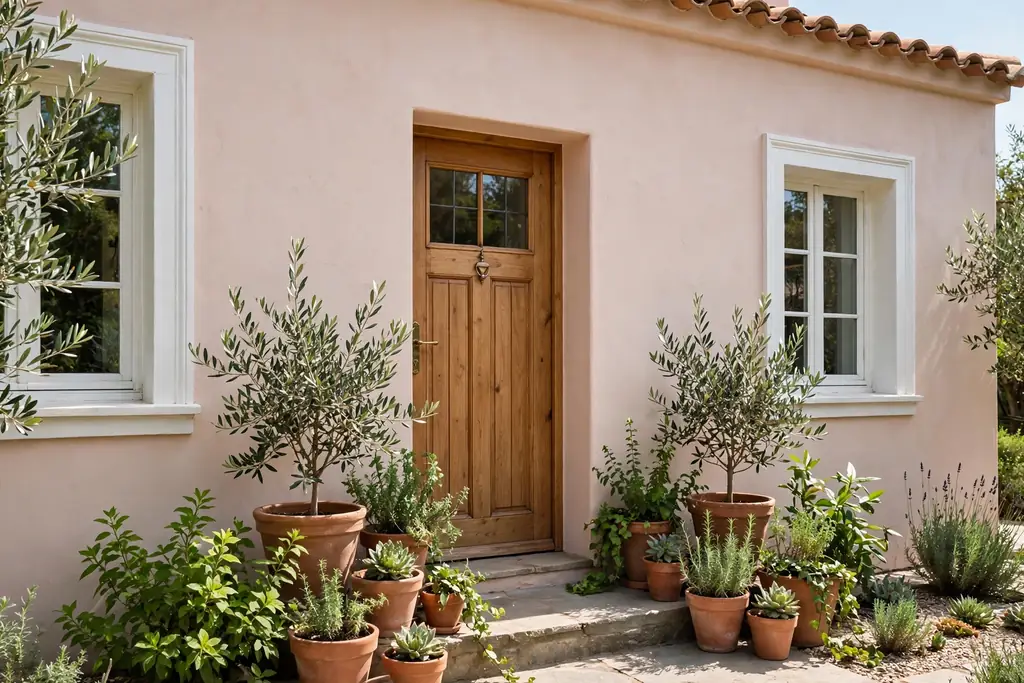 House with blush pink stucco walls, white trim, and a wood front door.