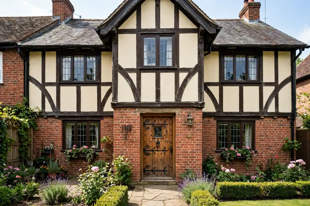 Tudor house with cream render panels, dark timber framing, and red brick details.