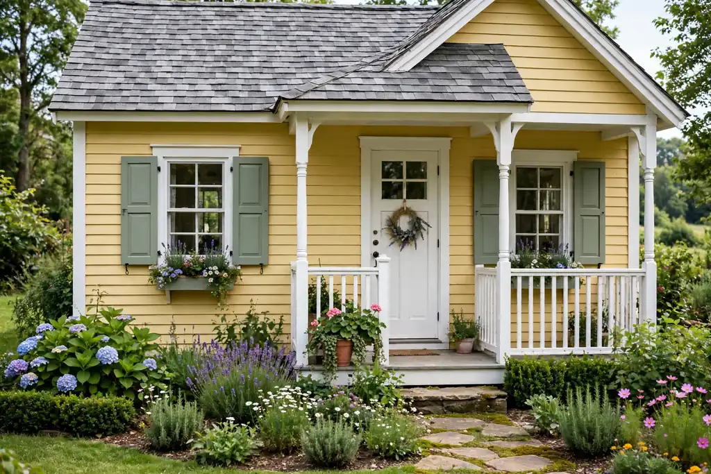 Cottage with butter yellow siding, a white porch, and green shutters.
