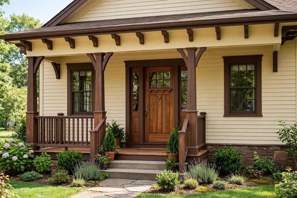 Craftsman house with cream siding, chocolate brown trim and brackets, and a wood door.