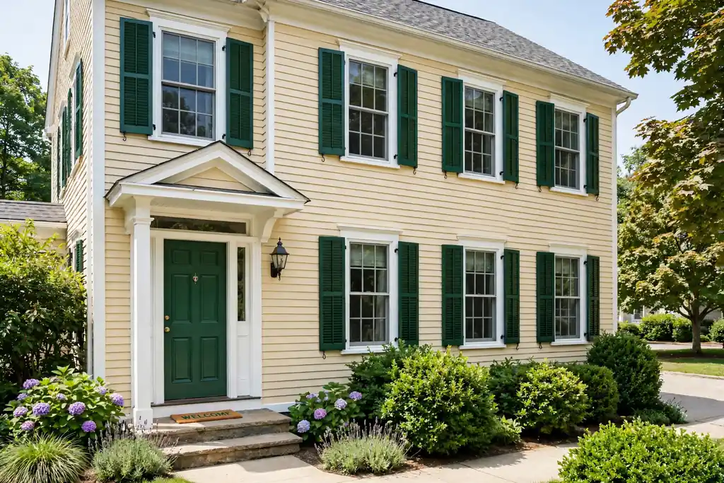 House with cream siding, hunter green shutters, and a green front door.