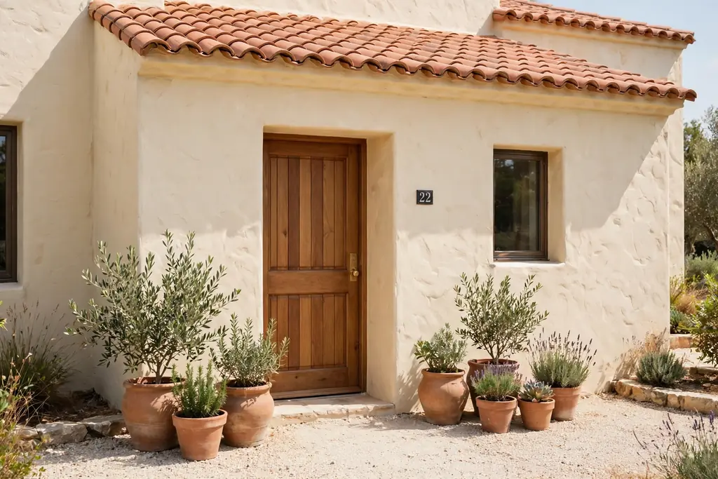 House with warm cream stucco walls, terracotta roof tiles, and a wood front door.