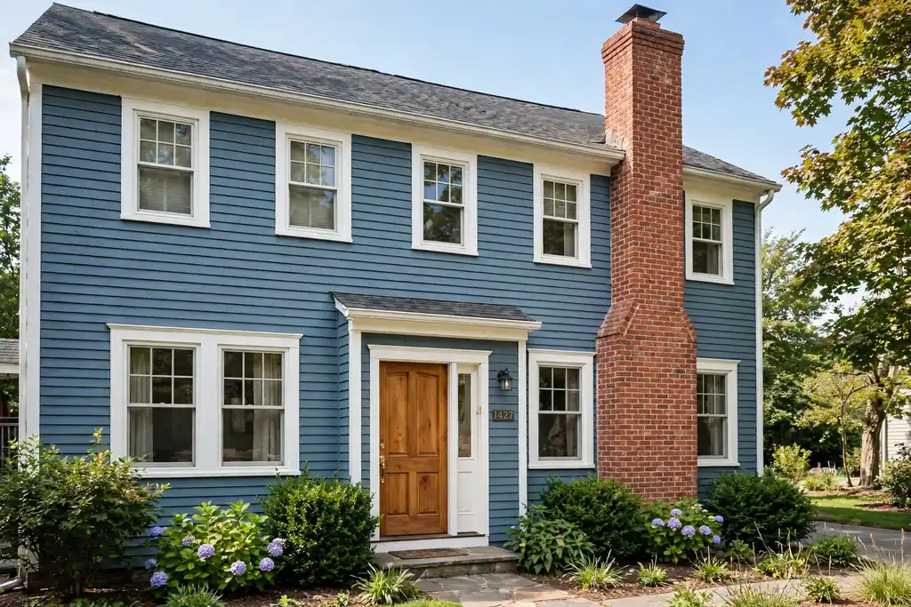 House with dusty blue siding, white trim, and a red brick chimney.