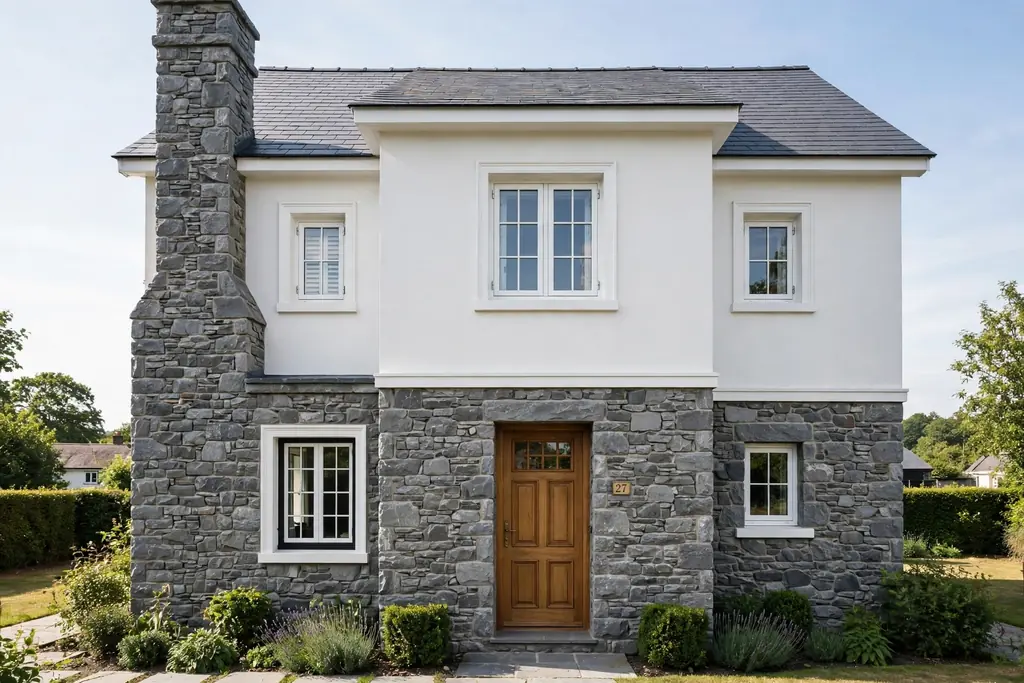 House with grey stone on the lower story and white render on the upper walls.
