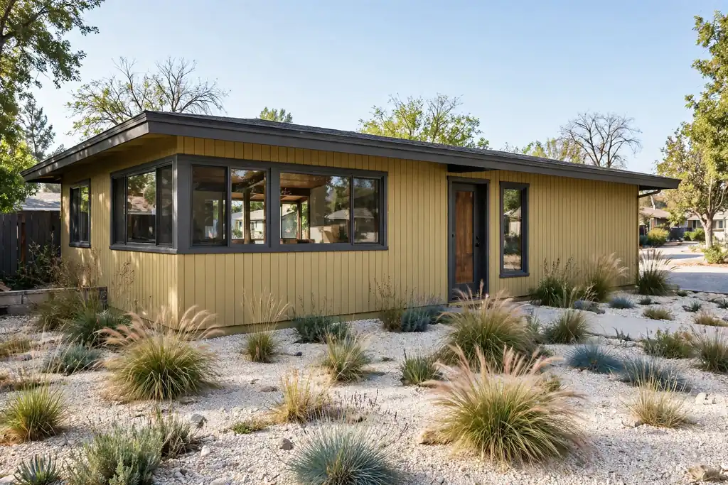 Mid-century ranch with muted mustard siding, charcoal trim, and a charcoal roof.