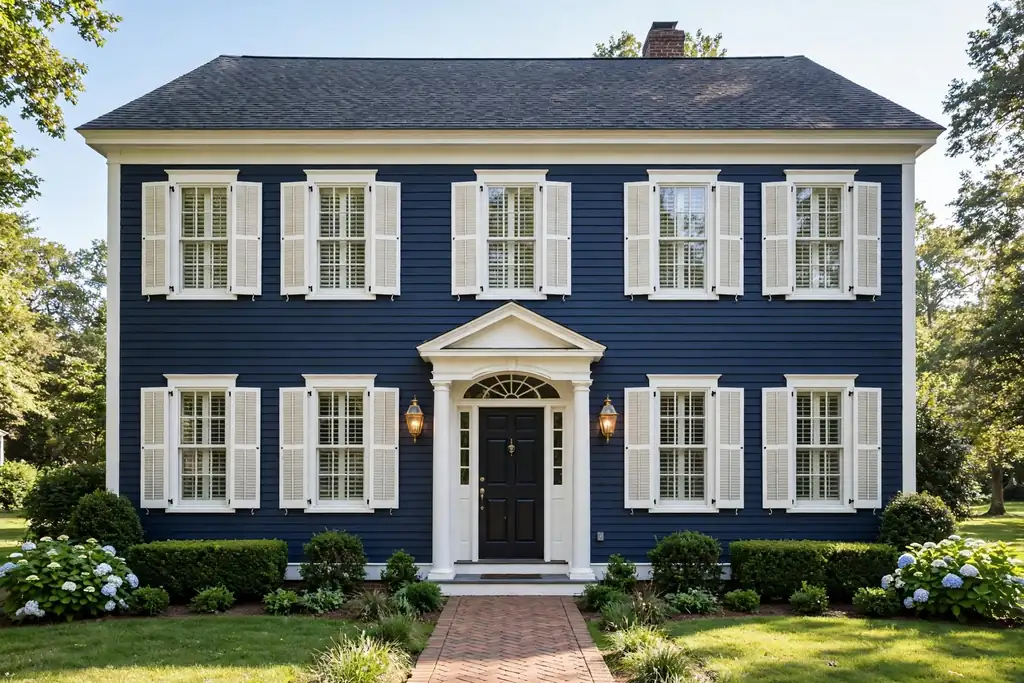 Colonial house with navy siding, white shutters, and brass lanterns.