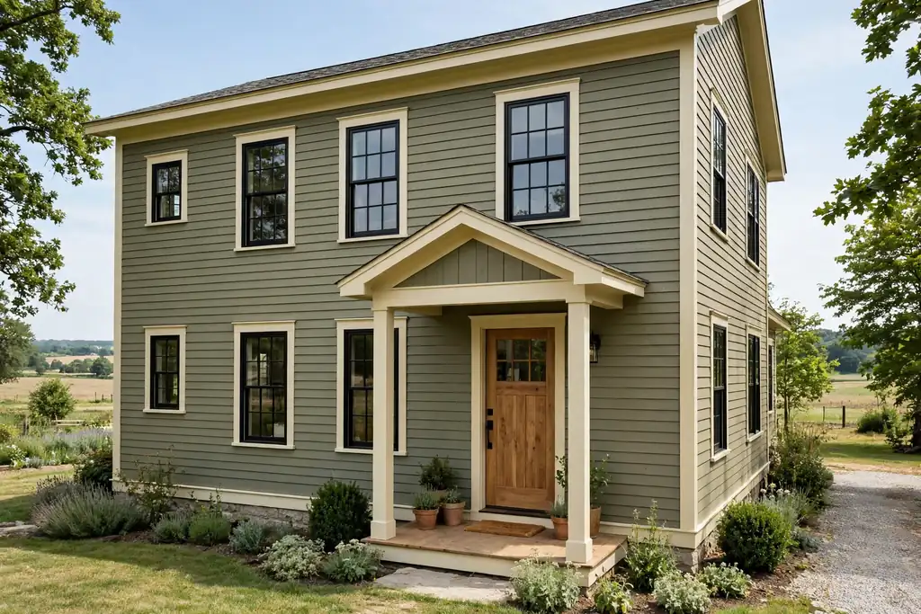 Farmhouse with olive green siding, black window frames, and a wood front door.