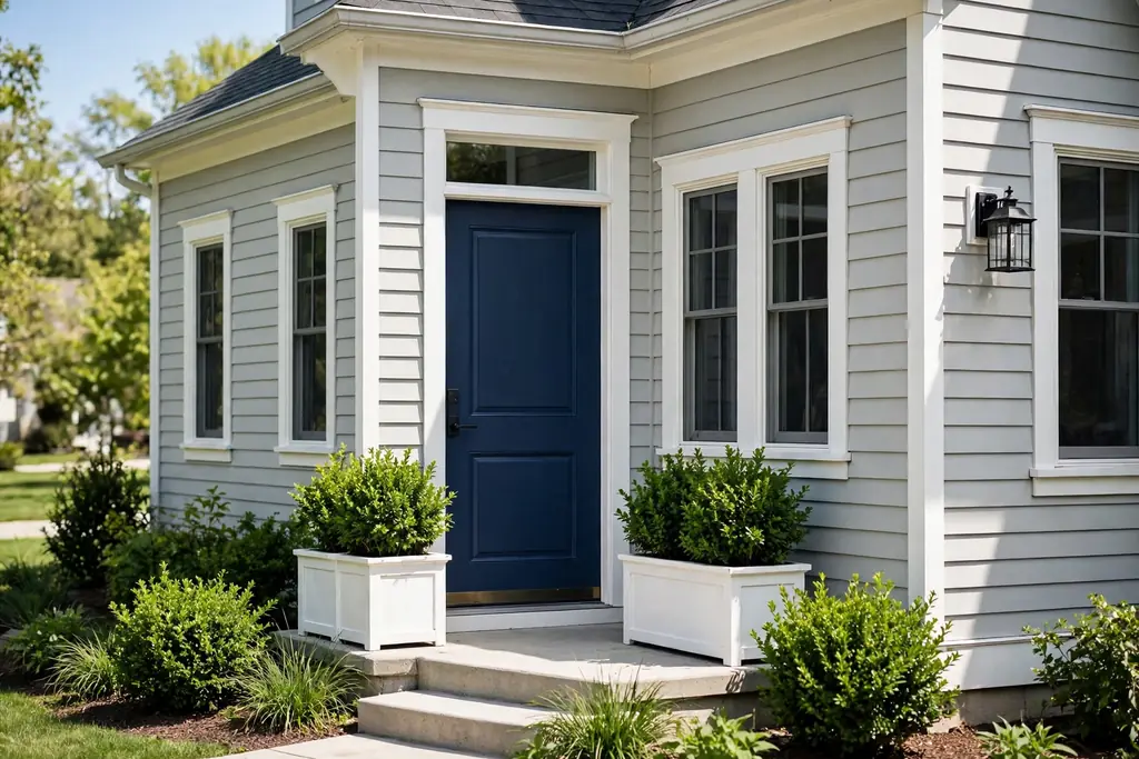 House with pale grey siding, white trim, and a navy front door.