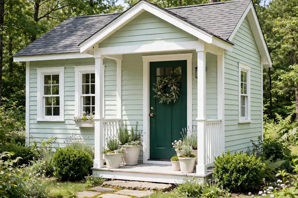 Cottage with pale mint siding, white trim, and a deep green front door.