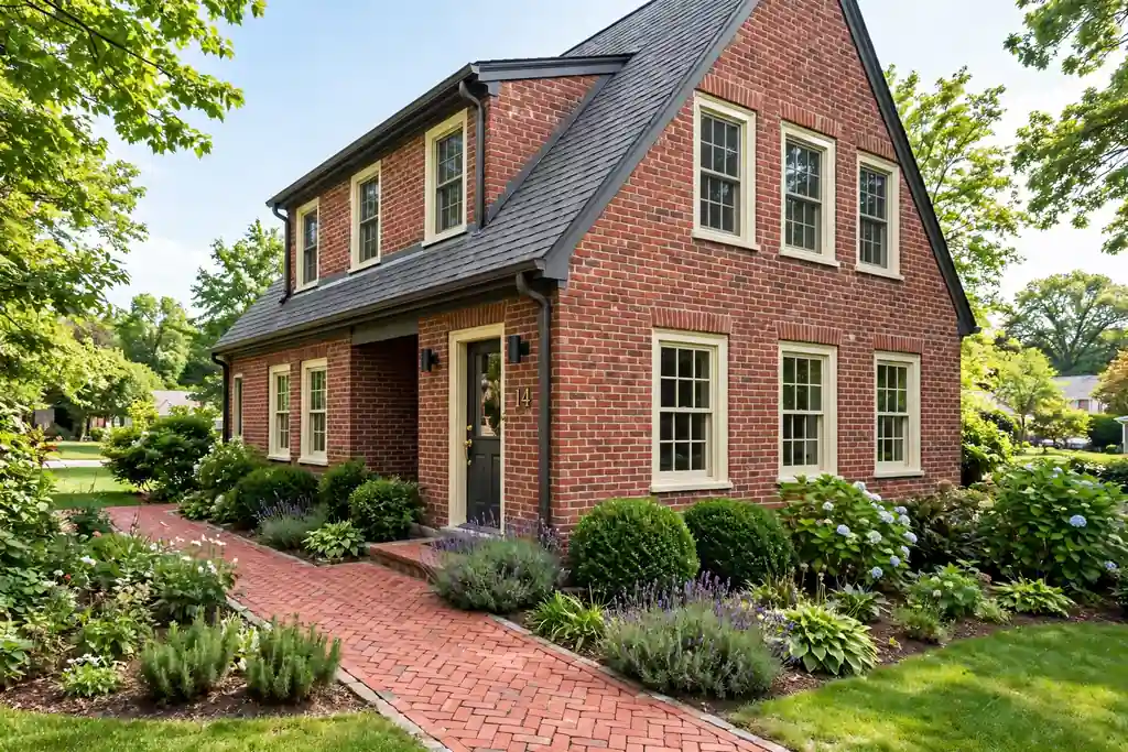 House with natural red brick walls, cream trim, and a charcoal roof.