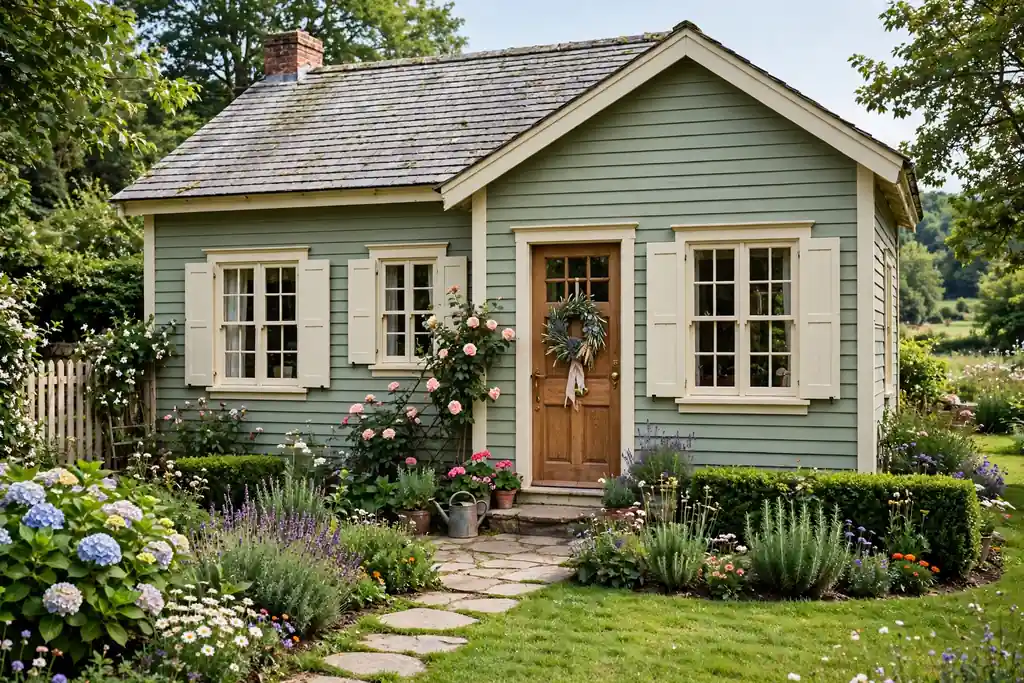 Cottage with soft sage green siding, cream trim, and a natural wood front door.
