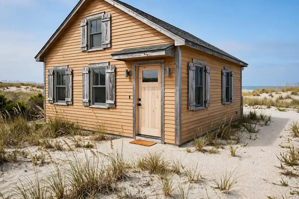 Coastal house with warm sand siding, driftwood grey trim, and a pale wood door.