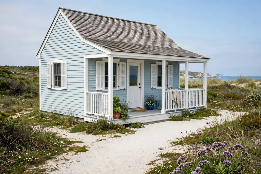 Coastal cottage with pale sky blue siding and white shutters.