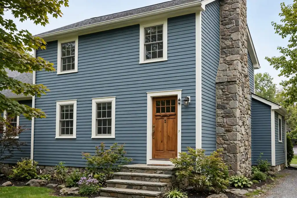 House with slate blue siding, a natural stone chimney, and stone steps.
