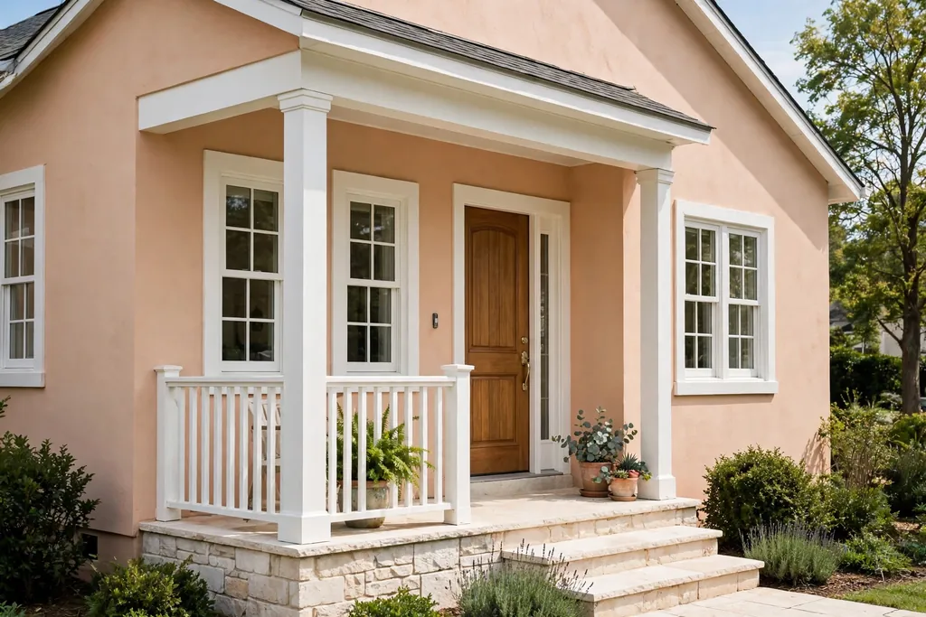House with soft peach stucco walls, white trim, and a wood front door.