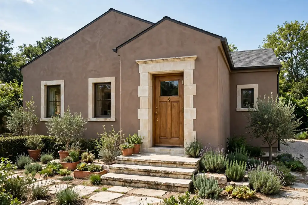 House with taupe stucco walls, pale stone around the door, and stone steps.