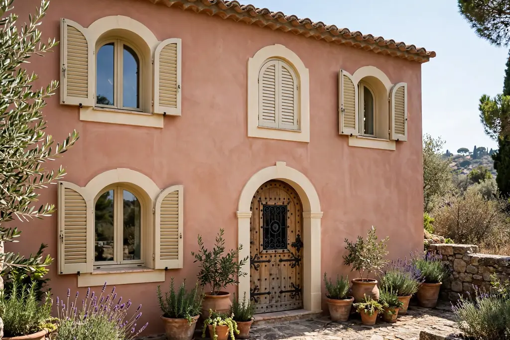 Mediterranean villa with terracotta walls, cream window surrounds, and a wood door.