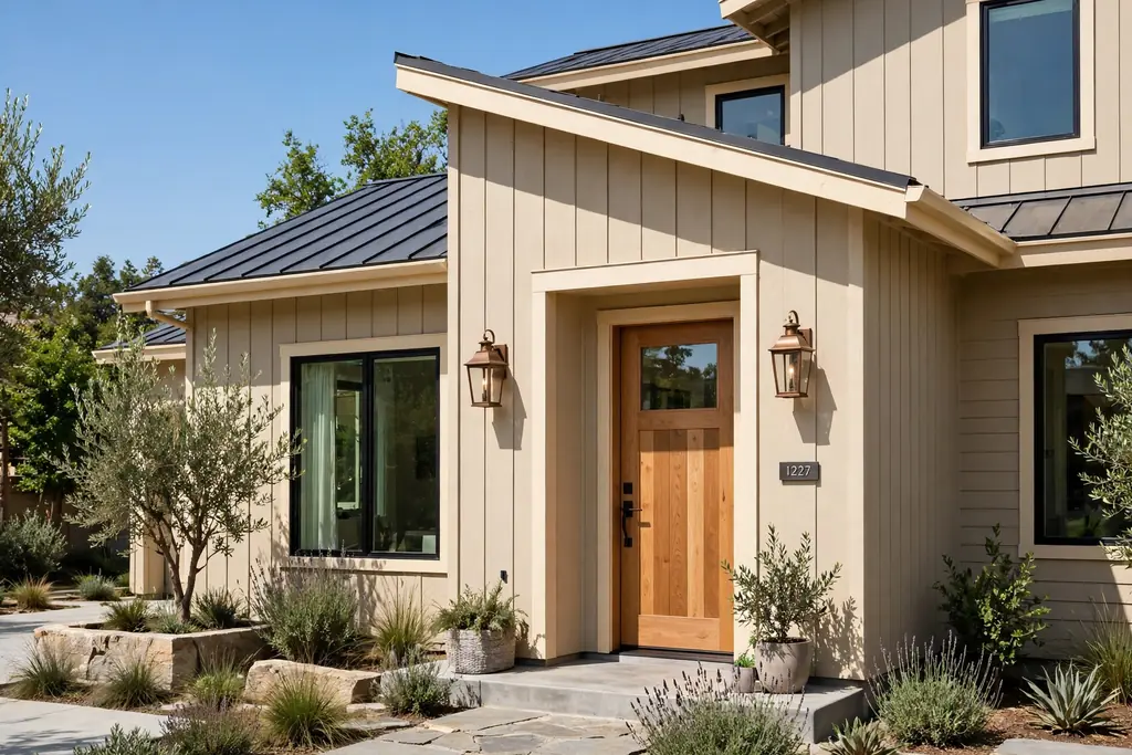 House with warm greige siding, bronze lanterns, and a wood front door.