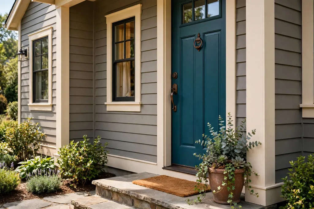 House with warm grey siding, white trim, and a teal front door.