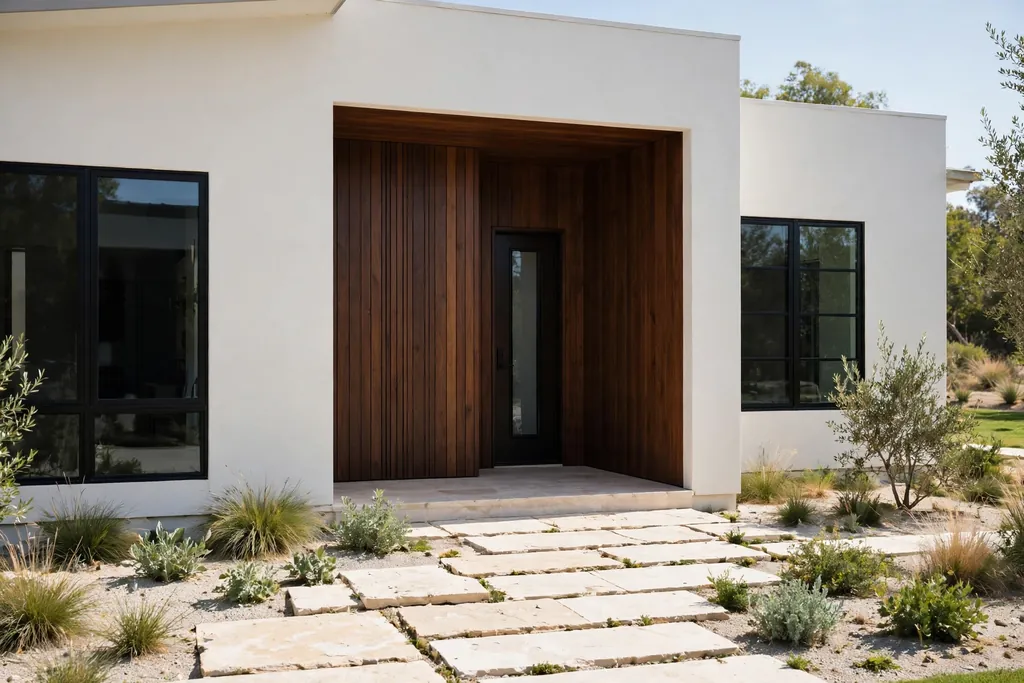 Contemporary house with warm white walls and a dark walnut clad entry section.