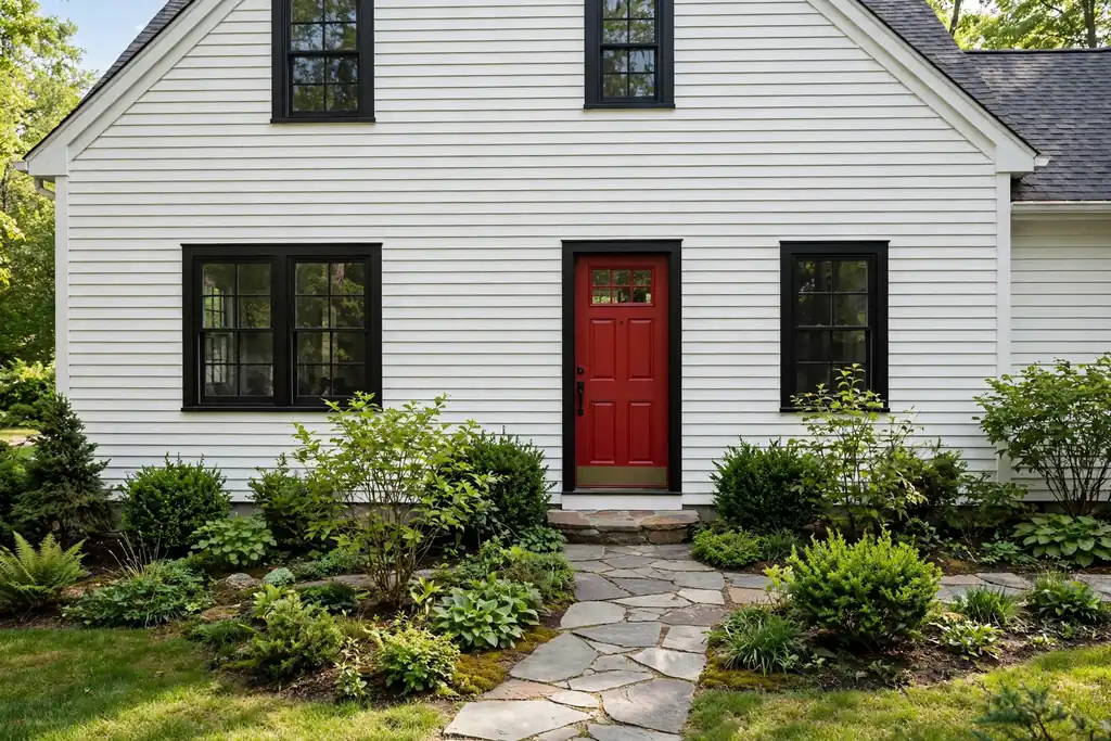 House with white siding, black window trim, and a red front door.