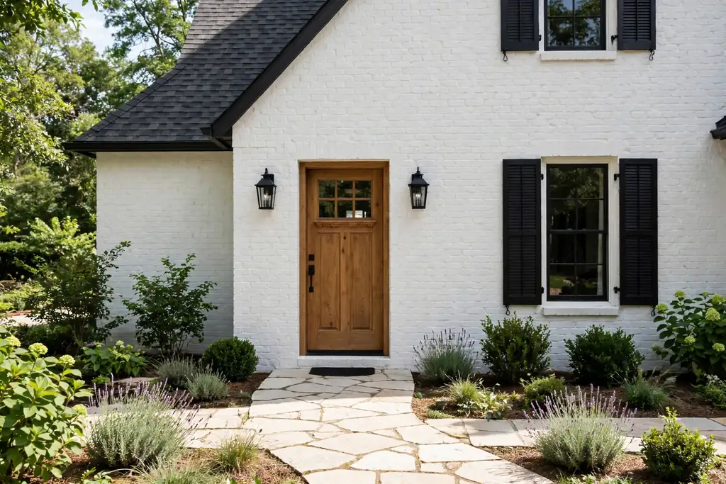 House with white painted brick, black shutters, and a wood front door.
