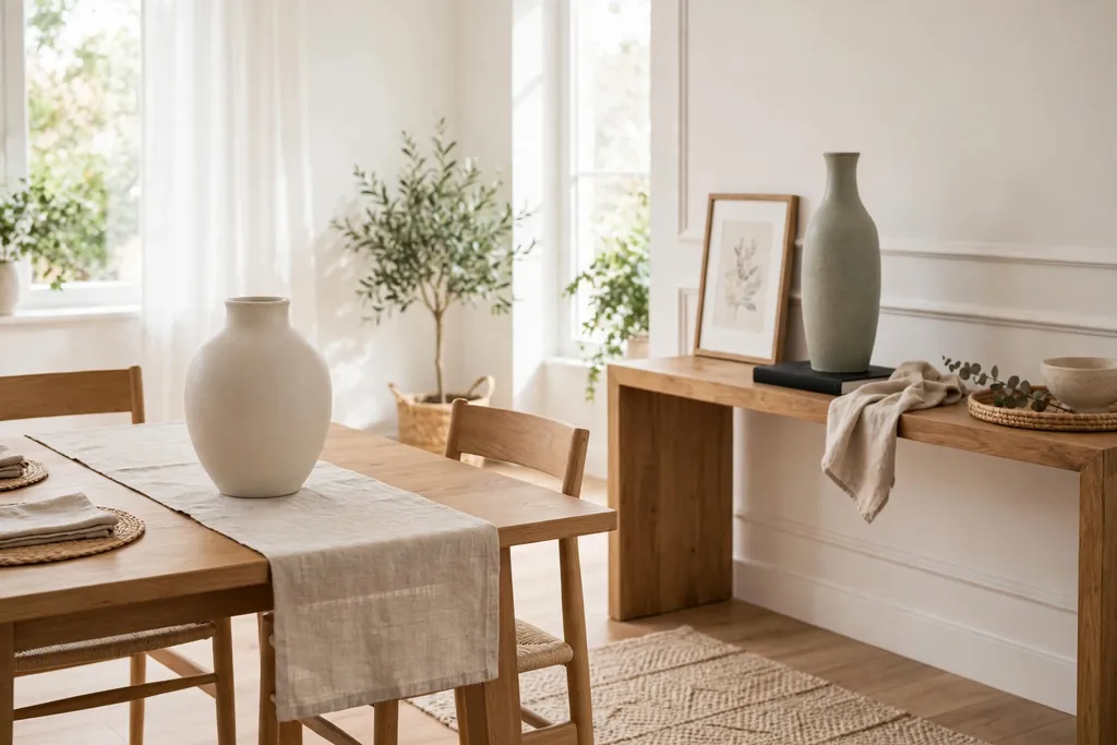 Empty ceramic vase on a dining table and a tall vase on a console showing two spots for flower arrangements.