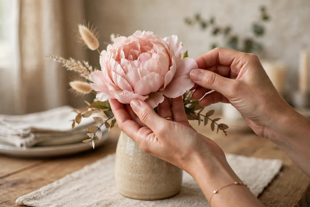 Hands softening the petals of a faux peony in a vase by cupping the bloom and bending outer petals outward.