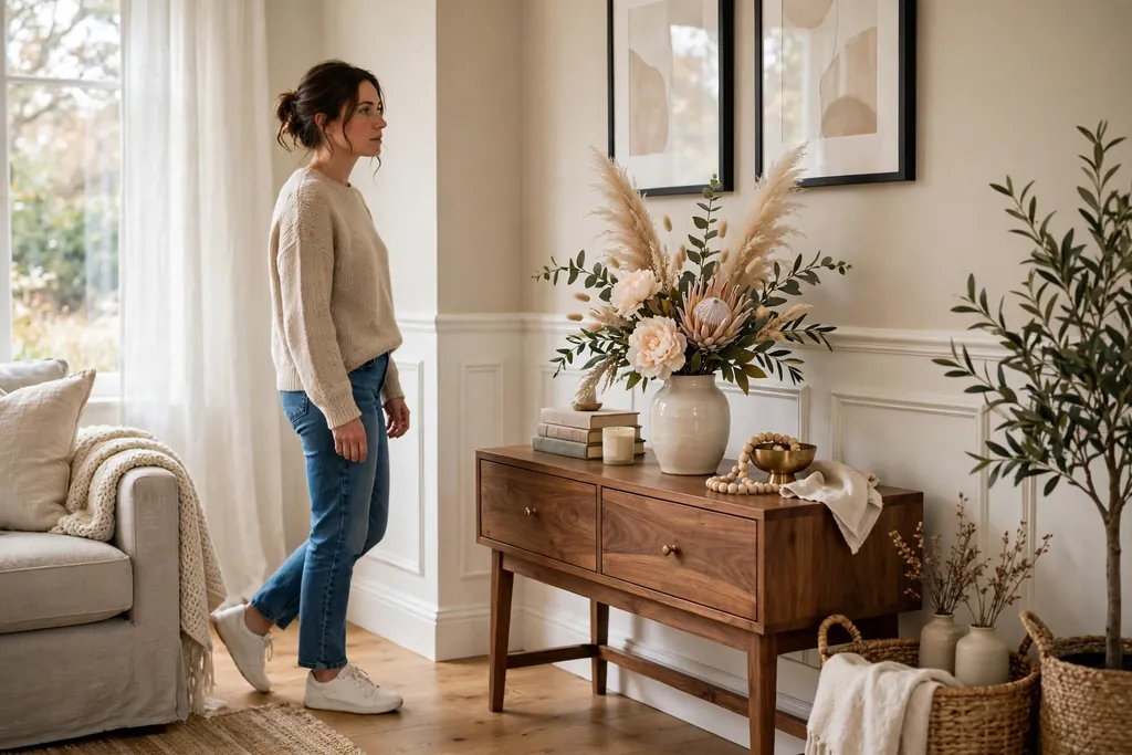 Person stepping back to check a faux flower vase arrangement from the side on a console in a living room.