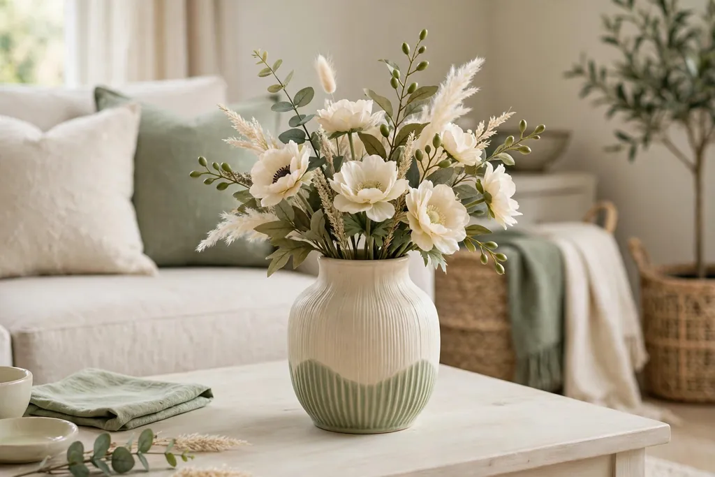 Faux flower vase in soft cream and green tones on a pale living room table with matching cushions behind it.