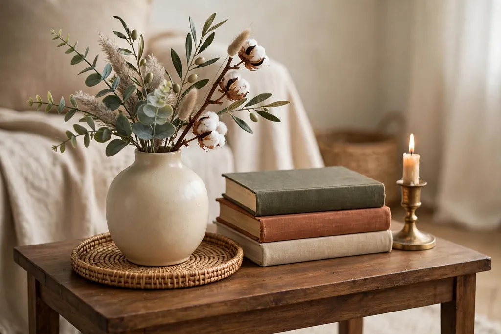 Ceramic vase with faux flowers on a small tray beside a stack of books and a candle holder on a side table.