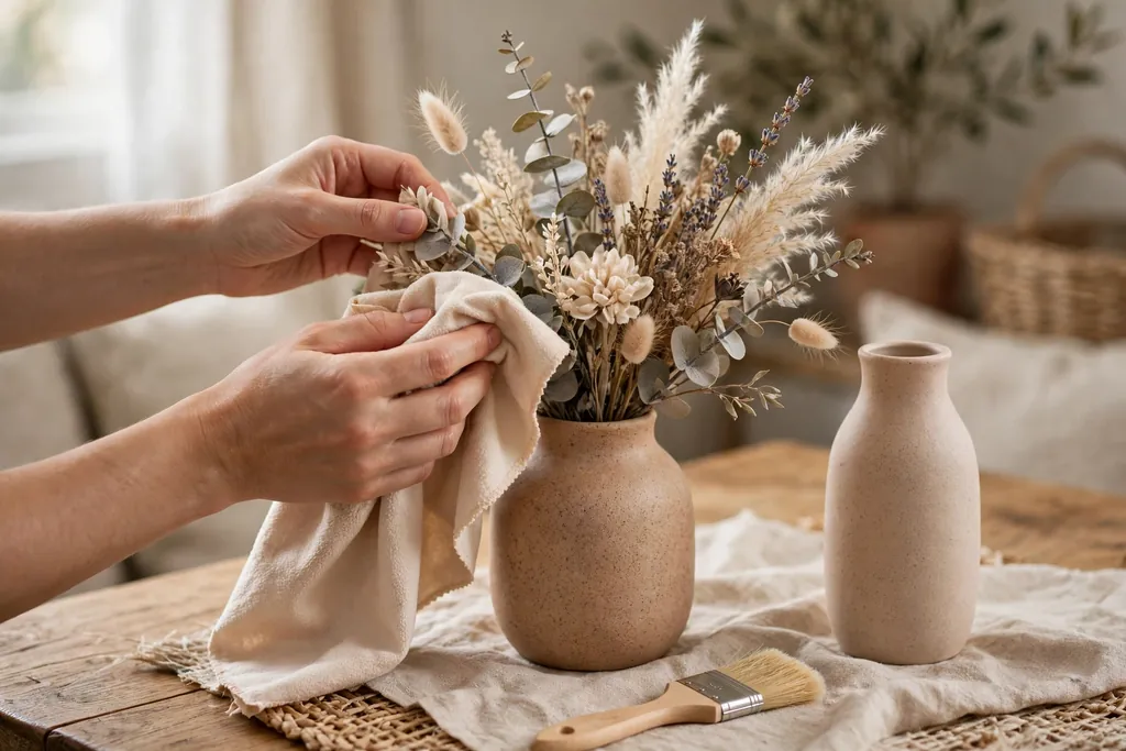 Hands dusting faux flowers in a vase with a soft cloth beside a small brush on a table.