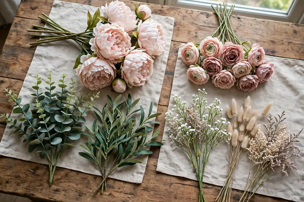 Faux flower stems sorted into groups on a wooden table with focal blooms