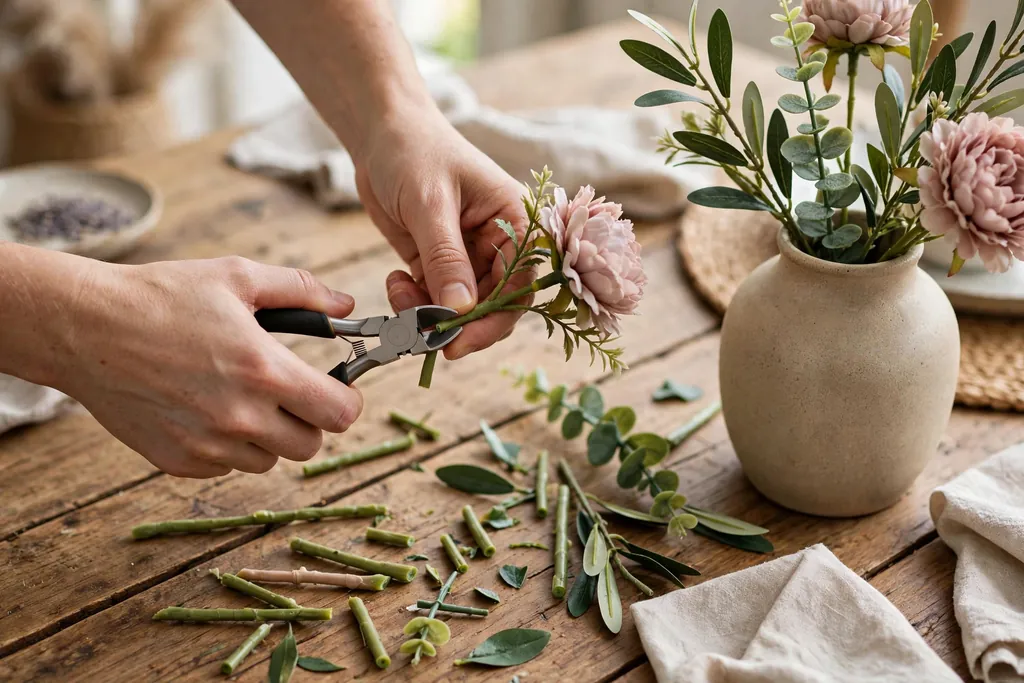 Hands trimming faux flower stems to varied lengths with wire cutters over a wooden table.