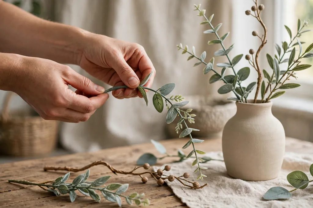 Hands gently bending a faux flower stem into a slight curve with shaped stems and a vase nearby.