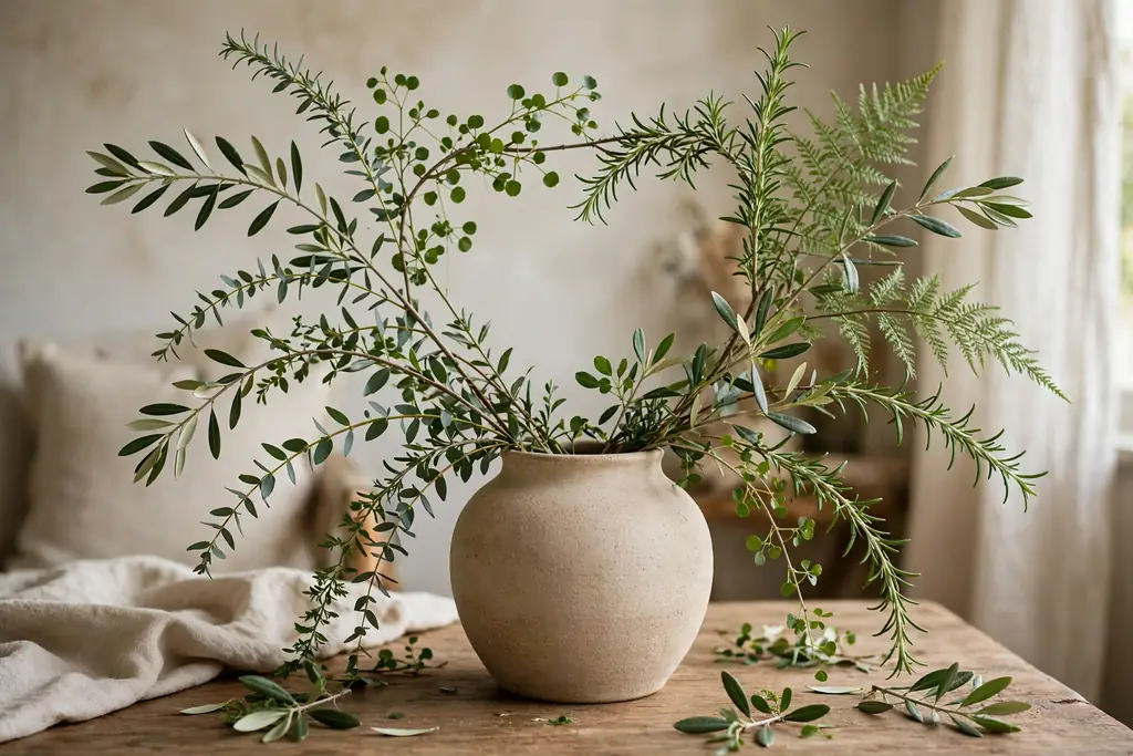 Greenery stems arranged loosely in a ceramic vase forming an uneven frame before blooms are added.