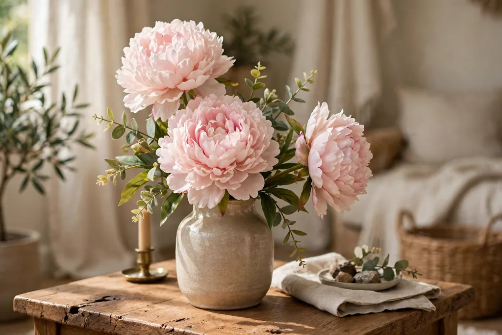 Three large faux peonies at varied heights in a vase with one bloom turned partly sideways on a side table.