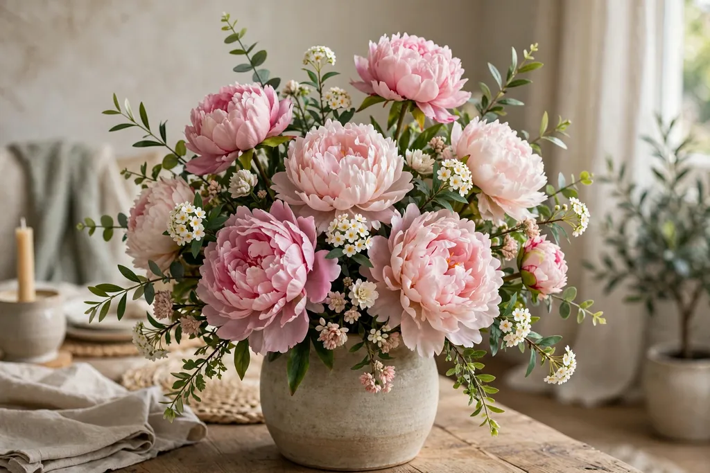 Smaller faux blooms added between large peonies in a vase at varied heights with greenery between them.
