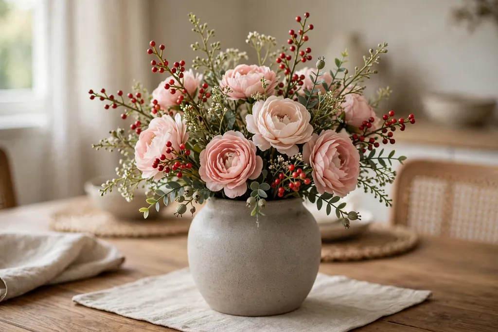 Berry sprigs and small filler stems tucked into gaps between faux blooms in a vase on a dining table.