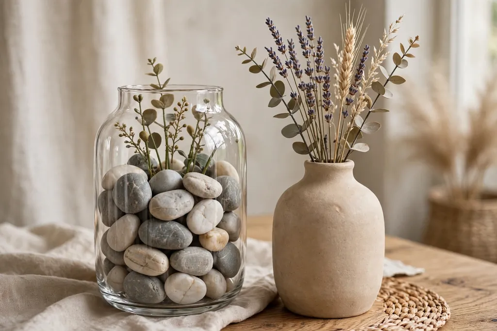 Clear glass vase with stones hiding faux flower stems inside beside an opaque ceramic vase.