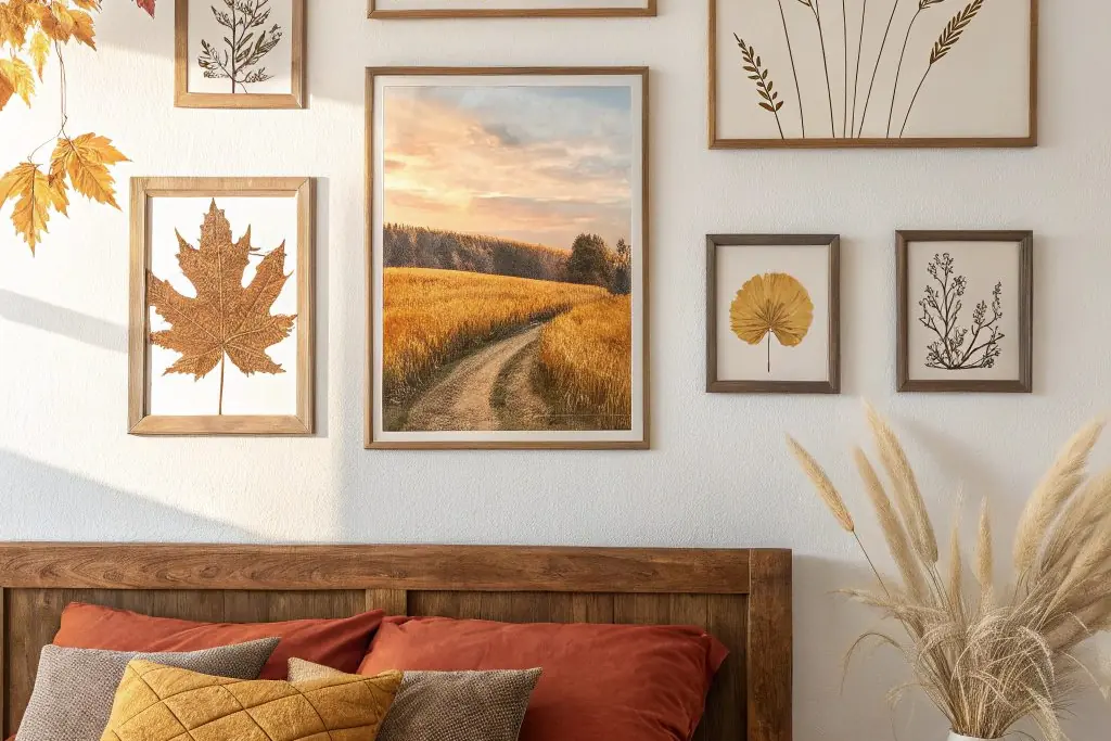 Framed fall prints and leaf art arranged on a wall above a bed.