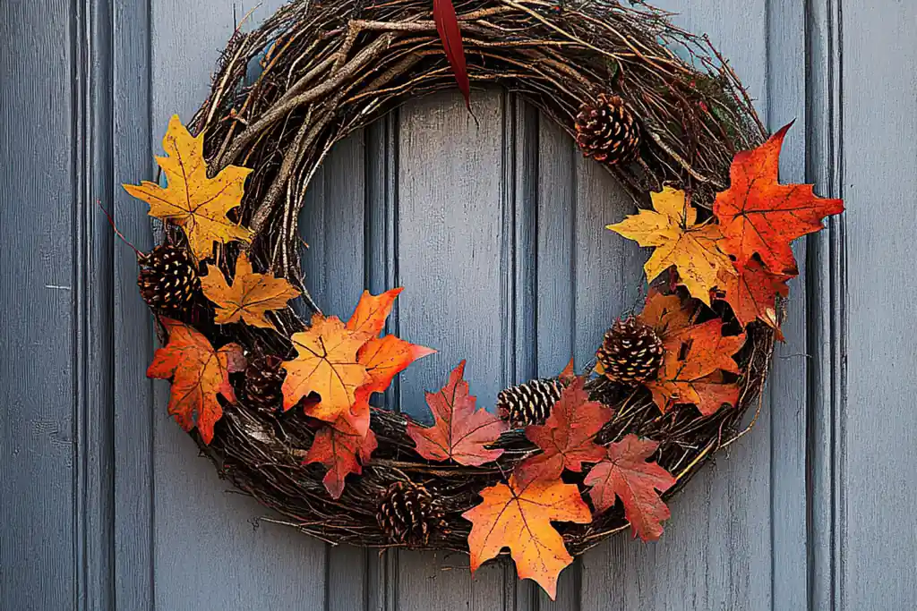 Fall wreath with orange and red leaves hanging on a blue grey door.