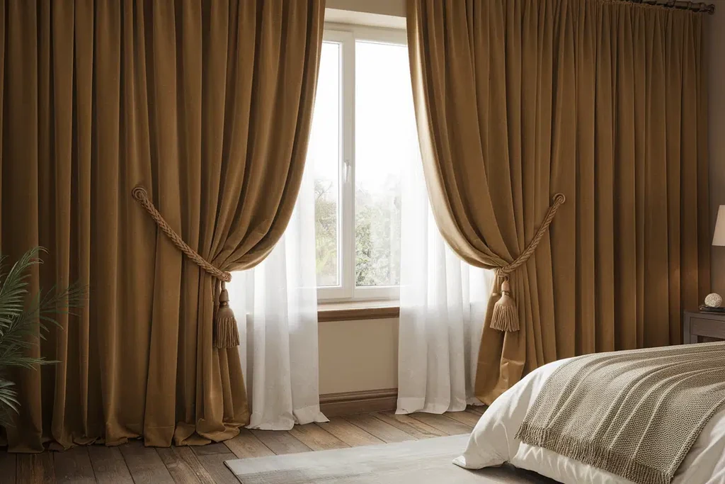 Heavy caramel curtains tied back at a bedroom window beside a bed.