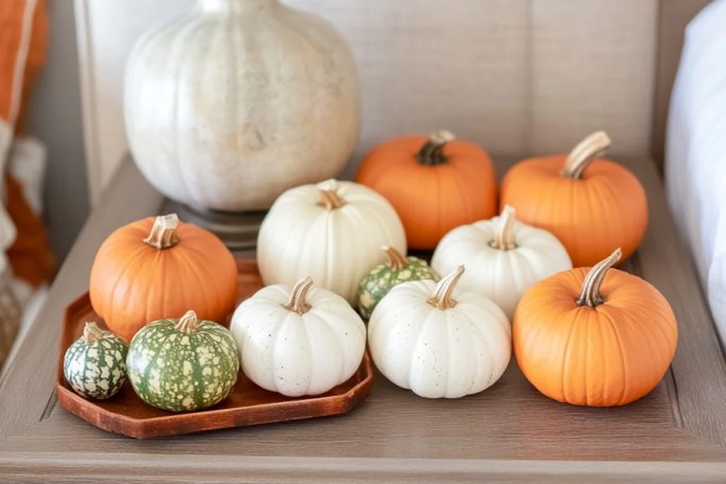Nightstand with a lamp and a tray of orange and white mini pumpkins.