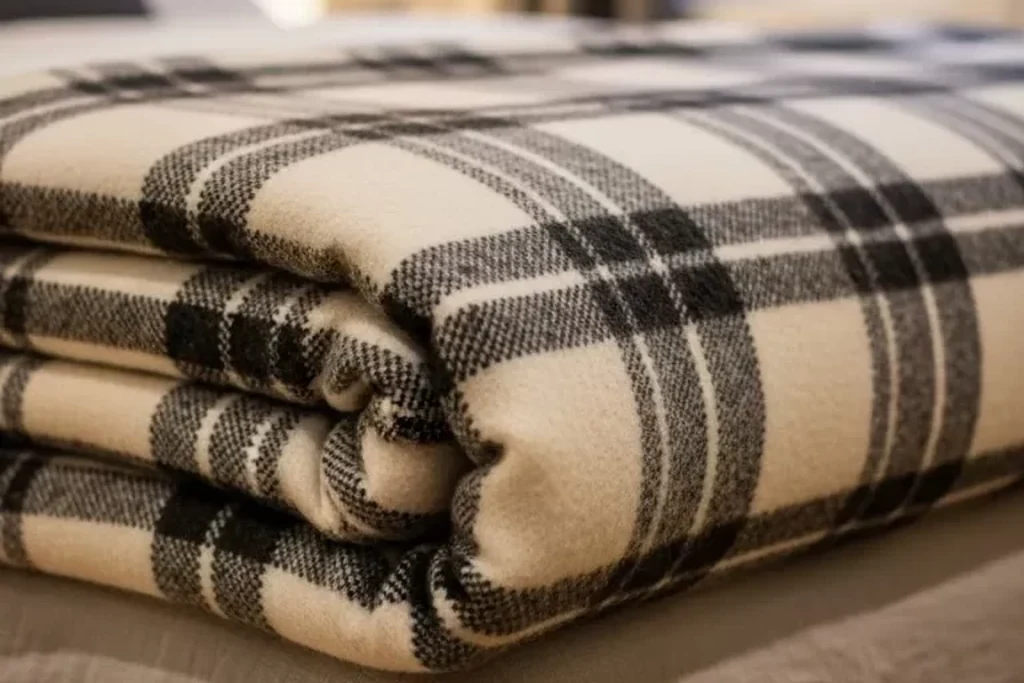 Folded plaid blanket in black and cream checks on a bed.