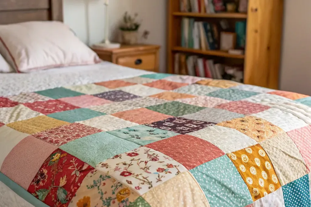 Patchwork quilt spread over a bed in a bedroom with a bookshelf.