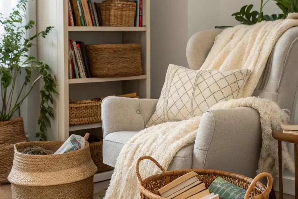 Reading corner with an armchair, a throw, and a woven basket of blankets.