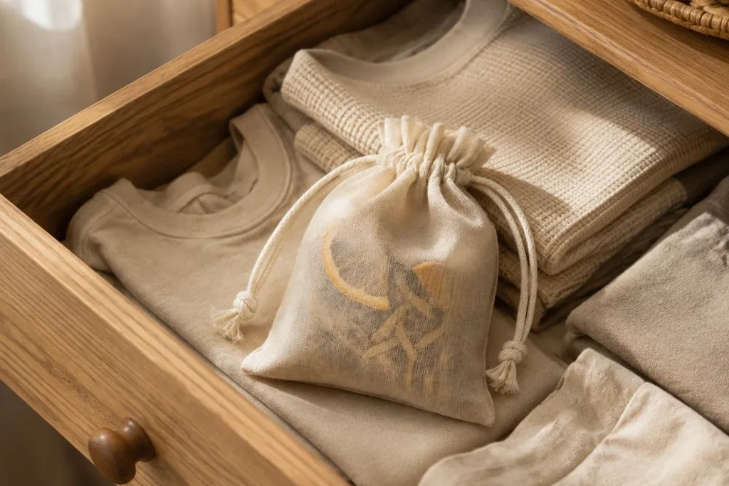 Drawstring sachet resting on folded clothes inside an open drawer.